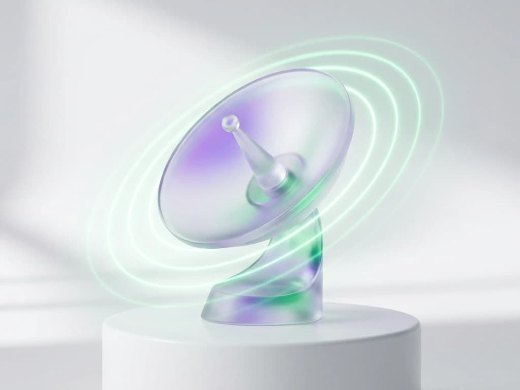 Translucent 3D glass radar dish emitting emerald signal rings