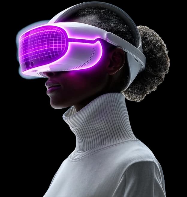 Person wearing a mixed-reality headset with a glowing visor