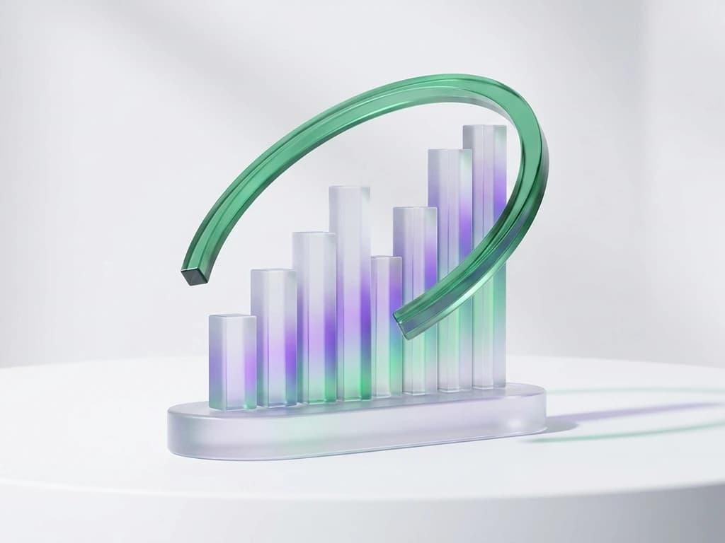 Translucent 3D glass bar chart with a rising emerald arc