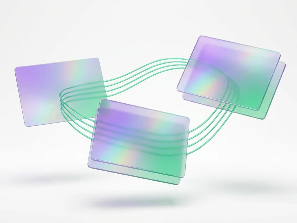 Glass web page cards connected by glowing emerald threads
